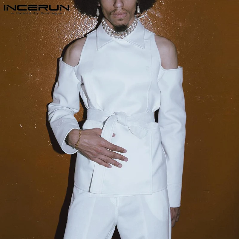 

Модный мужской однотонный блейзер с отложным воротником, уличная одежда с открытыми плечами и длинным рукавом, индивидуальные повседневны...