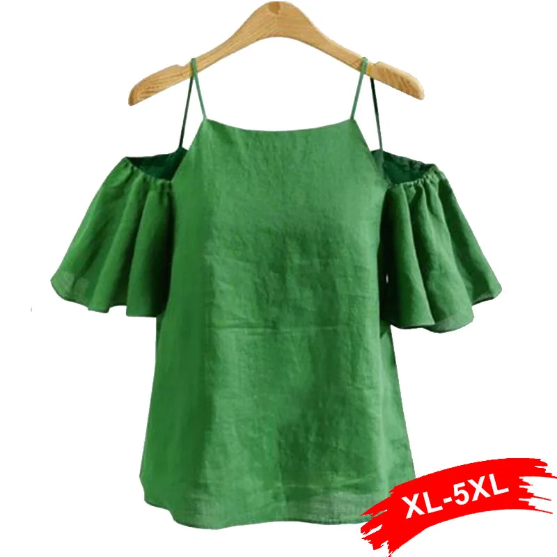 Plus Size Strap Ruffle Off The Shoulder Solid Green Sweet Blouse 4XL 5XL Korean Cold Blouses Shirts For Women | Женская одежда