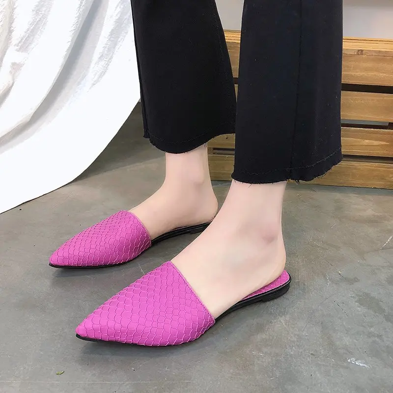 

LLOGAI 2021 Women Designer Slippers Summer Casual Fish Scaly Pointed Toe Half Flats Slipper Outdoor House Shoes Zapatos Mujer