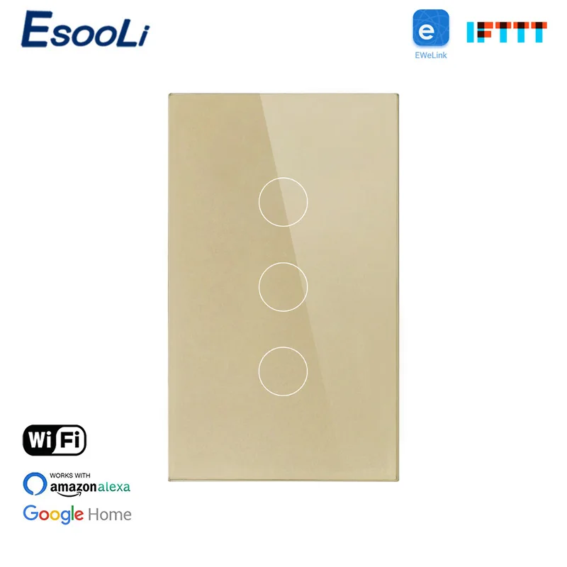 Сенсорный светильник енный выключатель EsooLi стандарт США Wi Fi 3 клавиши 1 канал