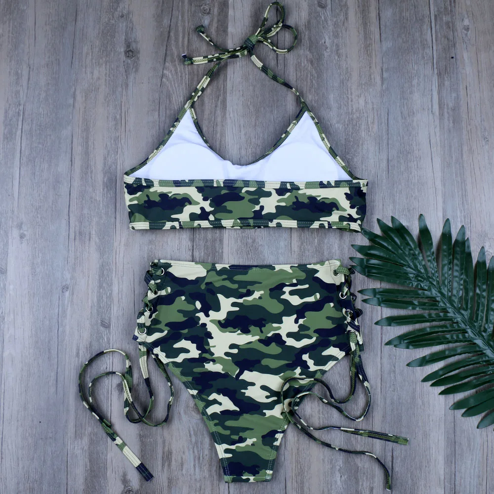 Melphieer Camouflage print bikini set High waist Swimwear women sport two pieces swimsuit Women Bikinis XL Bathing Suits biquini | Женская