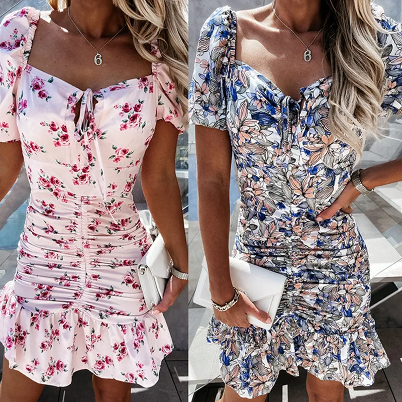

Plus Size Summer Dresses Casual Square Collar Ruffles Puff Sleeve Summer Clothes for Ladies Sundress Mini Dress Sexy Women