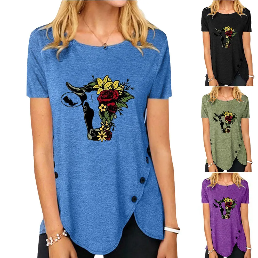 

VICABO для женщин с рисунком животных и футболка с цветочным принтом и Асимметричные повседневные свободные топы с коротким рукавом, Короткие ...