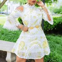 summer mini dress white above knee long sleeve sexy hollow floral printed night club party ladies a line expansion women dress