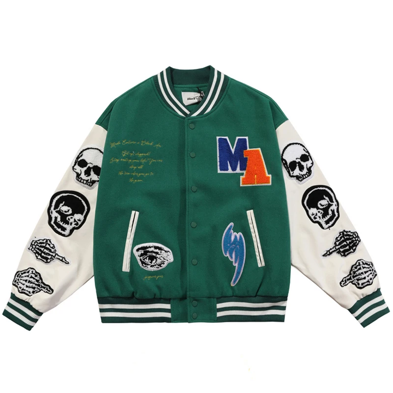 

Vintage Bomber Jacket Autumn Oversized V-neck Unisex Outwear Streetwear Men Skull Embroidery Baseball Jackets jaqueta masculina
