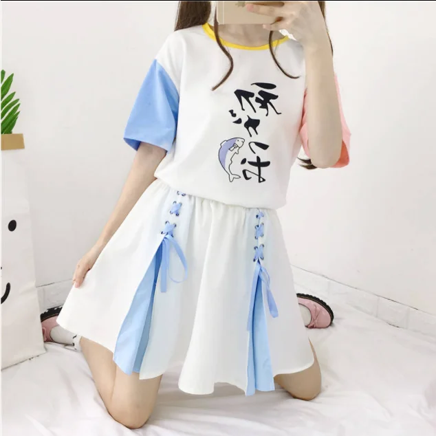 

Japanese girl color matching bow skirt printe female student sweet little fresh A-line skirt two-piece suit kawaii y2k clothes