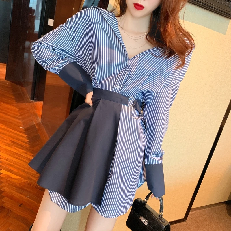 

2021 Spring And Autumn Korean New Retro Waist Slimming Shirt Dress Hong Kong Style Stitching Dress Two-Piece Fashion Female