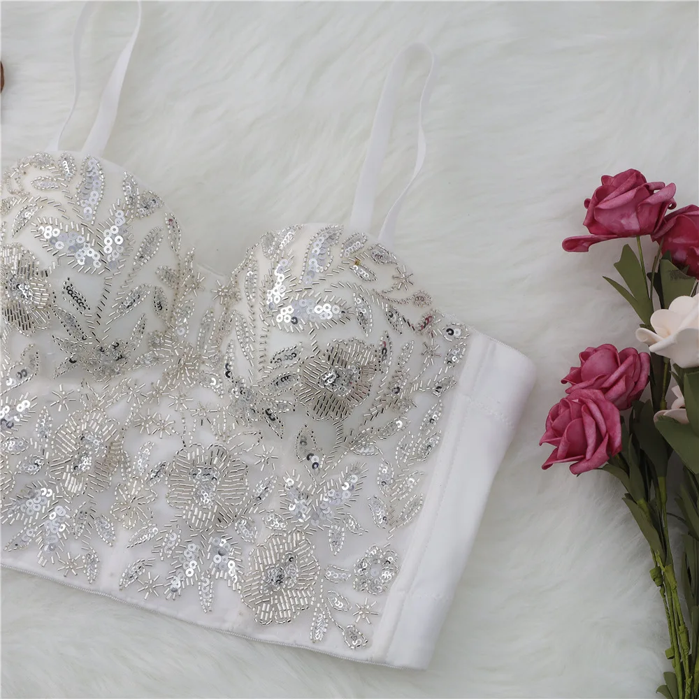 

French Style Fashion Ins Sleeveless Sequins Camisole Women Nightclub Party Tank Tops Cropped Top Sexy Push Up Bustier Bra Y1143