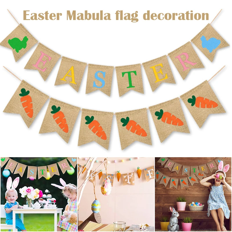 

2M Easter Linen Flag Contains Colorful Rabbit Carrot Pattern For Easter Party Decoration PI669