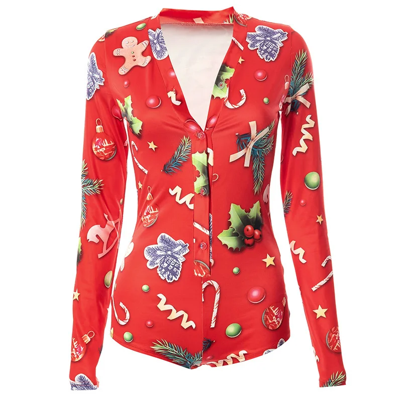 

Christmas Printed V-neck Tight Long Sleeve One-piece Tights Women Bodysuit 2021 New Fall Winter Body Top Female Festival Clothes
