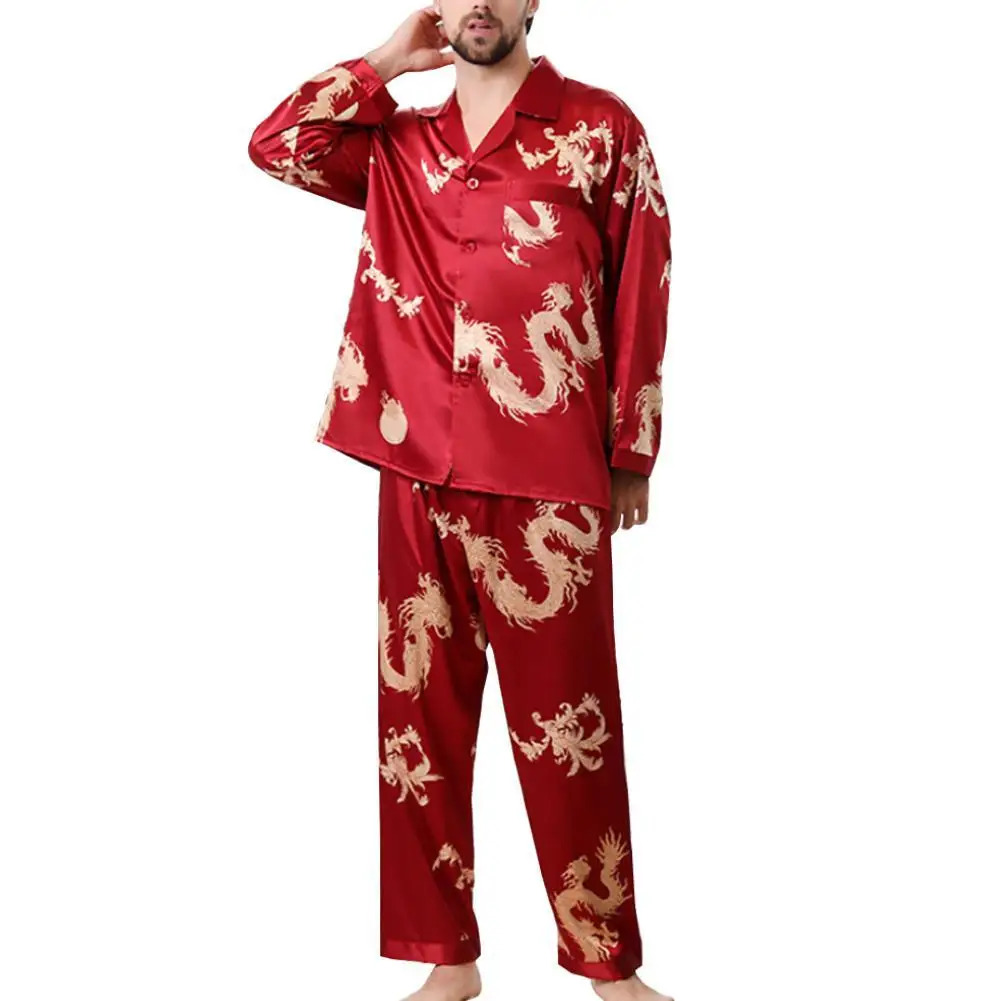 

Men Women Imitation Silk Dragon Print Shirt Pants Couple Sleepwear Pajama Set Underwear