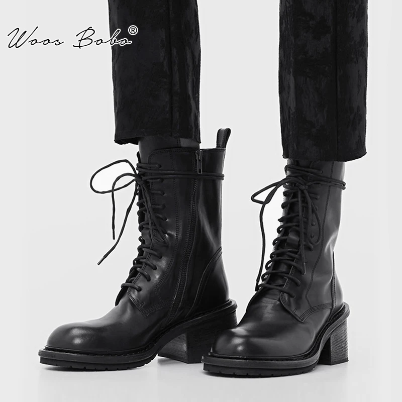 Короткие сапоги из натуральной кожи Женские на толстом высоком каблуке со