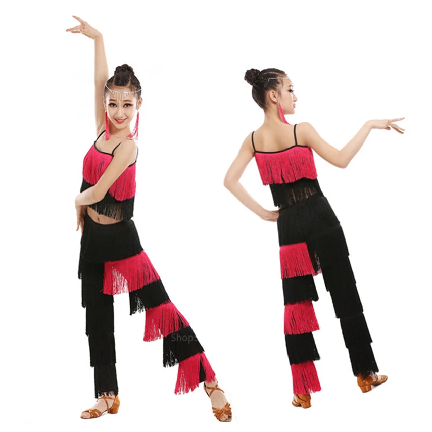 

2020 Latin Competition Dress Baby Girls Dance Dress Ballroom Salsa Tango Costume Pratice Tassel Asymmetric Modren Top Pants Suit