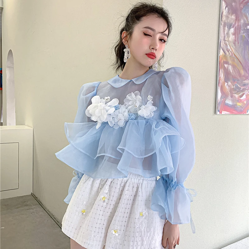 

XIZIHUPAN Elegant Patchwork Two Piece Set For Women Lapel Puff Long Sleeve Top Elastic High Waist Loose Shorts Slim Sets Females