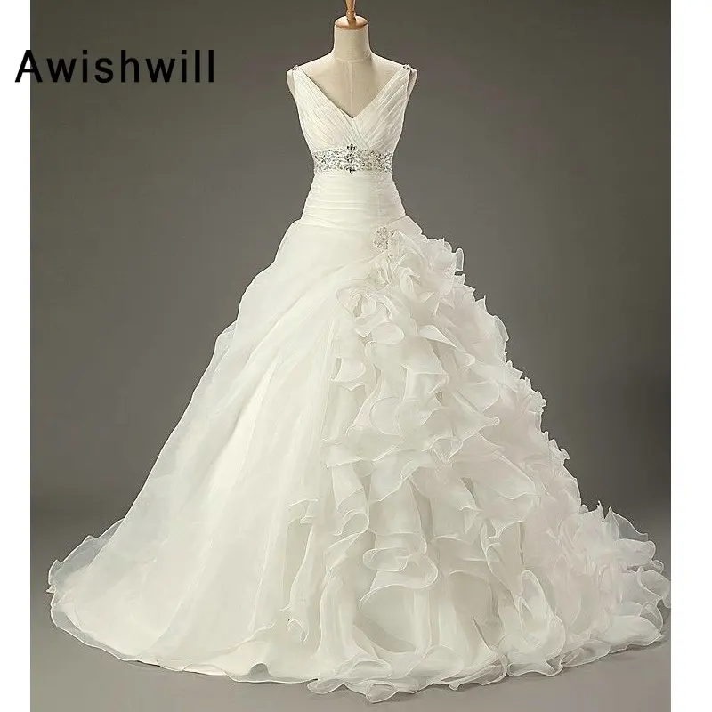 

Fashion V-neck Wedding Dresses for Bride Beaded Ruffles Organza Ball Gown Wedding Bridal Gowns Lace-up Back Robe de Mariee