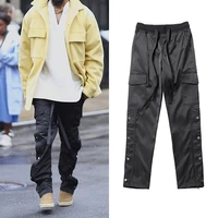black nylon snap cargo pants mens urban streetwear punk hip hop sweatpants men straps buttons velcro strap closure trousers