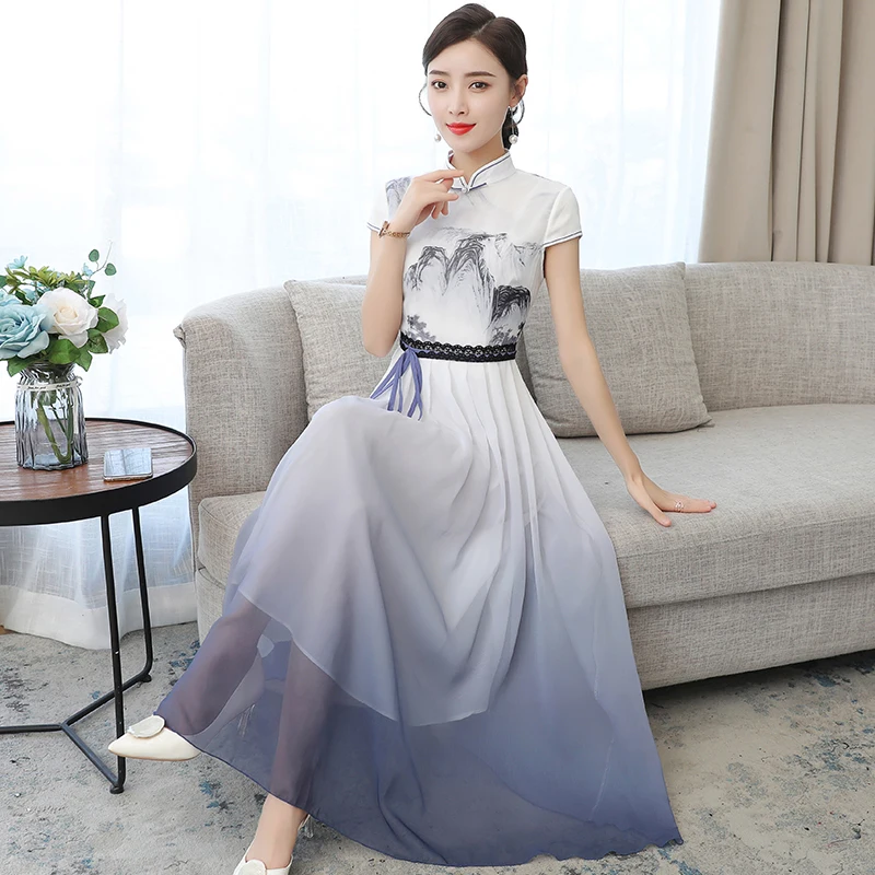 

Modern Women retro pattern Printed cheongsam short Sleeve Traditional Qipao Dress oriental gown Asia elegant dress