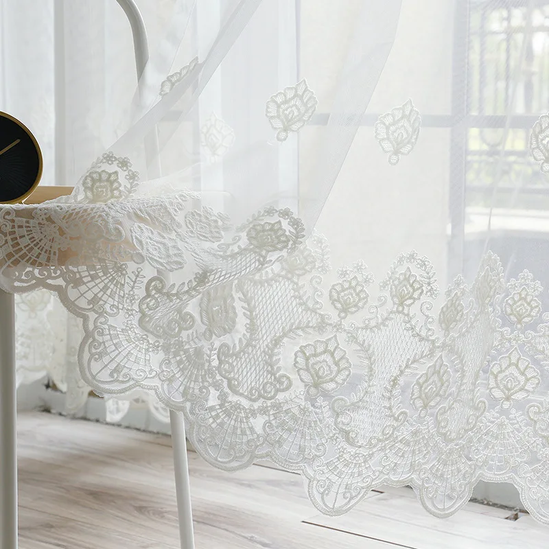 

European Embroidered White Tulle Curtain For Bedroom Pastoral Rural Country Style Elegant Balcony Window Drapes zh043C
