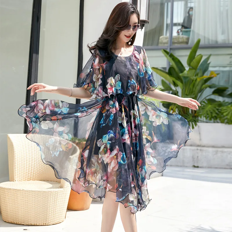

1823 Bohemian long skirt new beach skirt seaside holiday women's summer flower fattened Chiffon Dress