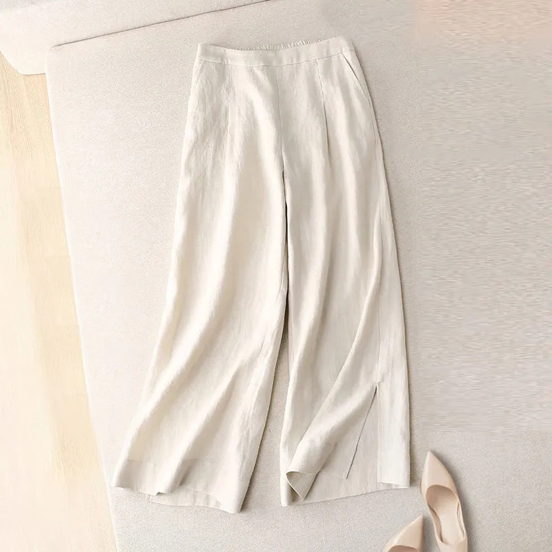 Брюки женские эластичные бежевые черные желтые с высокой талией для лета и весны