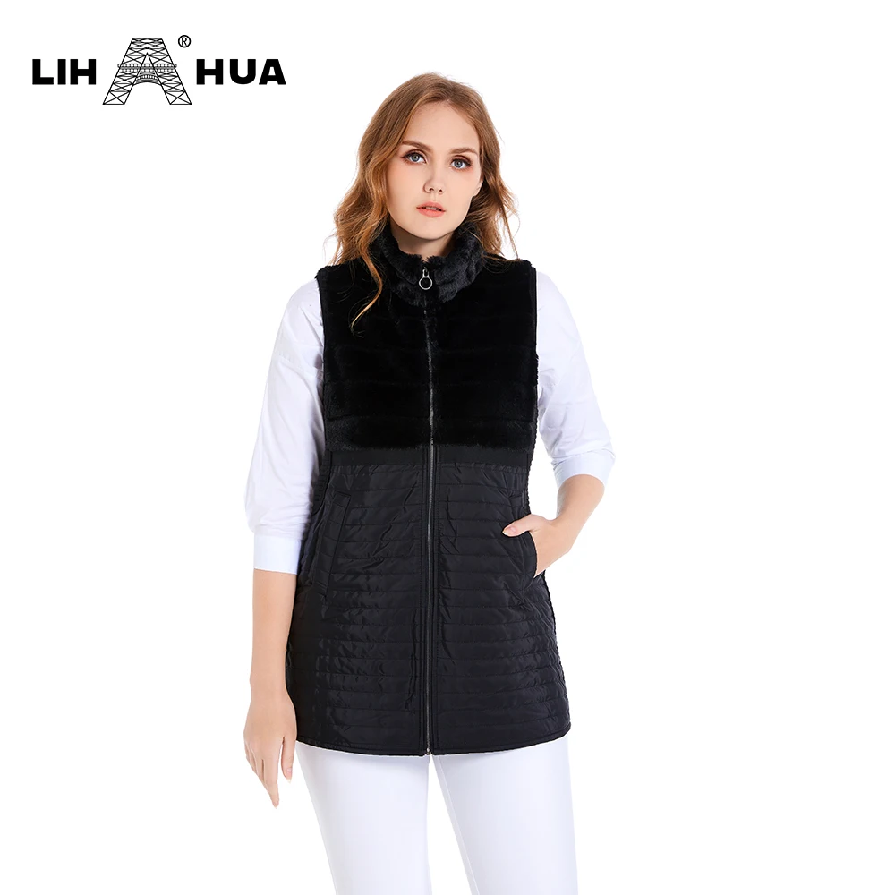 

LIH HUA Women's Plus Size Winter Vest Coral Fleece Collar Woolen Pocket Cotton Padded Cotton Jacket Warm And Windproof Jacket