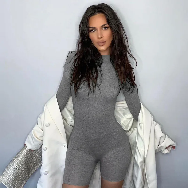

Fitness Women Rompers Gray Solid Long Sleeve Short Jumpsuit Skinny Sporty Sheer Biker Playsuits Summer Casual Outdoor Activewear