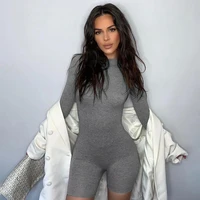 fitness women rompers gray solid long sleeve short jumpsuit skinny sporty sheer biker playsuits summer casual outdoor activewear