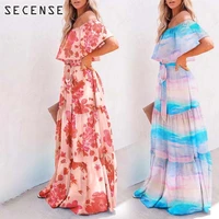 dresses women floral print off shoulder irregular long dress with big hem female streetwear casual summer beach elegant party