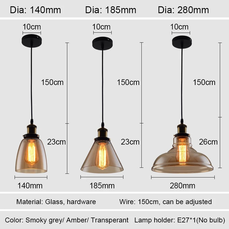 

Vintage Pendant Lights Modern Glass Pendant Lamp Loft Retro Hanglamp Industrial Lamp Dinning Room Bedroom Kitchen E27 Smoky Grey