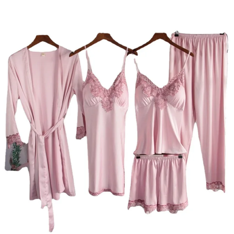 

Satin 5PCS Pajamas Set Women Satin Sleepwear Casual Kimono Gown Female Loose Sleep Set Sexy Lace Pyjamas Suit Home Clothing