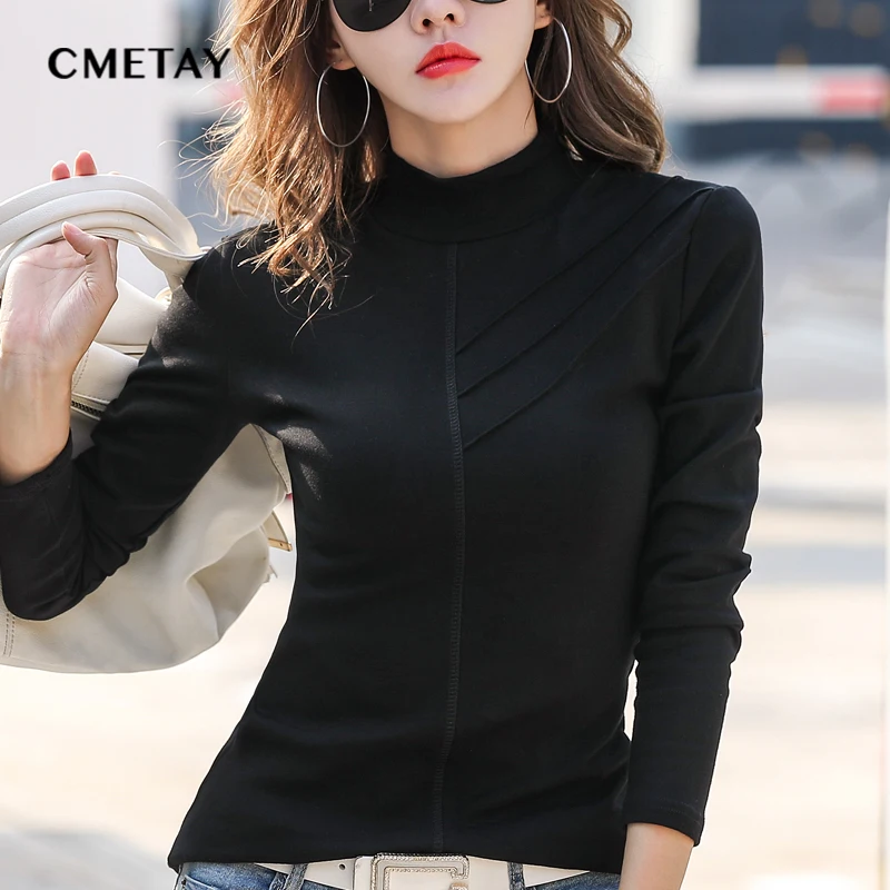 

Turtleneck Casual T-shirt Women Cotton T-Shirt Autumn Winter 2021 New Korean Elegant Casual Long Sleeved Slim Tshirts Femme Tops