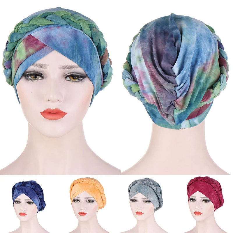 

2020 Braided Cap African Style Headwear Cap African Style Muslim Turban Hair Accessories Fashion Women Solid Bandanas Headwear
