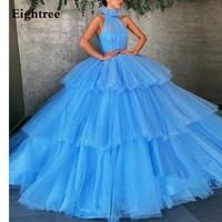 eightree sky blue a line high neck weeding party dress sashe tulle tiered ball gown sweetheart sleeveless celebrity dresses 2021