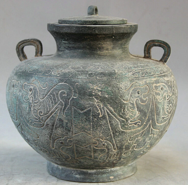 

song voge gem S1980 10" Old Ancient Chinese Bronze Folk Beast handle water food vessel Pot Jar Crock