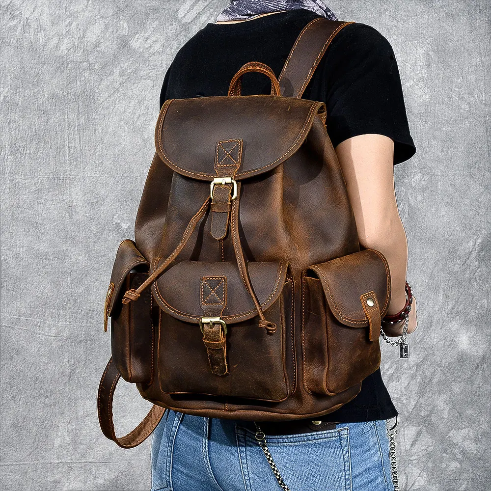 Men's Backpack Large Capacity Male Leather Travel Backpacks Drawstring Bag Retro Classic Original Handmade Crazy Horse | Багаж и сумки