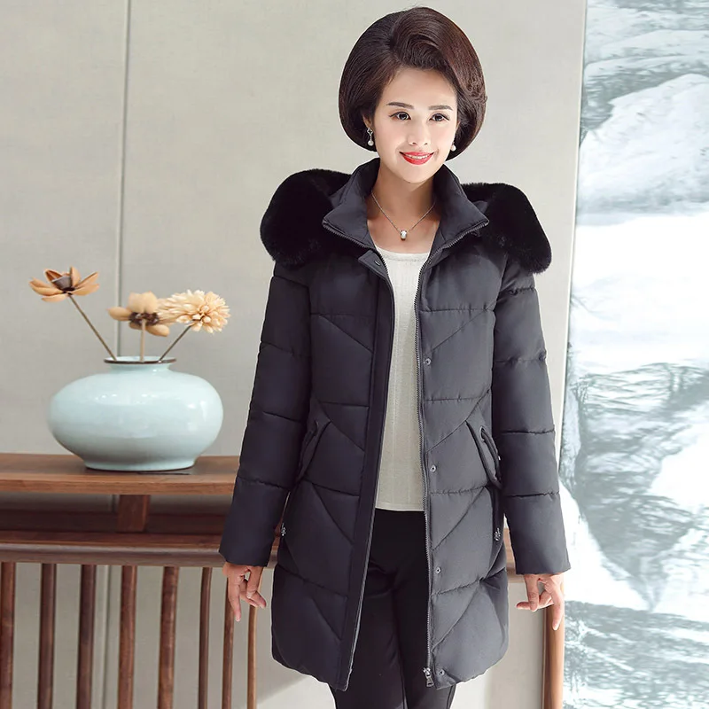 Winter jacket women's mid-length parka temperament mother wear large fur collar hooded cotton jcoat