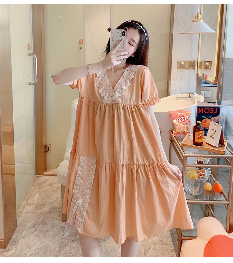 

Nightdress Women 2021 Summer Cotton Court Style Sweet V-neck Nightgown Lace Princess Style Short Sleeve Sleeping Dress New