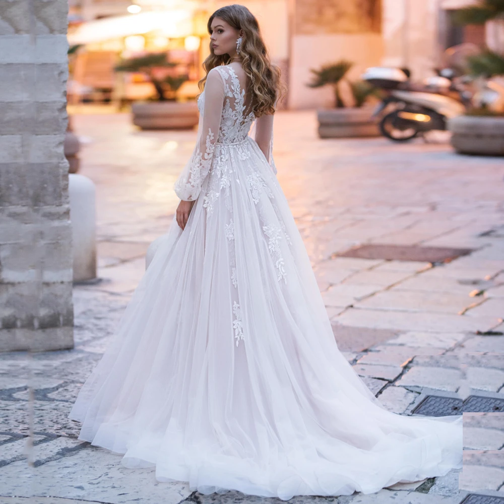Glamous Wedding Dress 2020 Long Lantern Sleeves V Neck A Line Wedding Gown Illusion Applique Tulle Bridal Dresses
