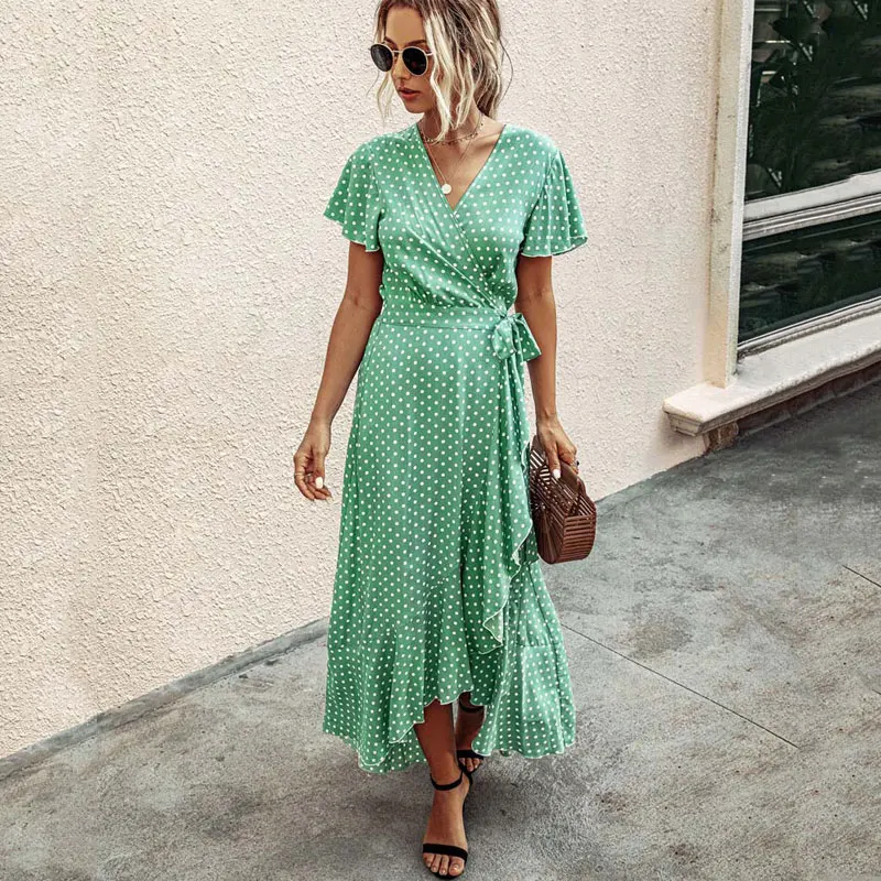 Женское платье макси в горошек с V-образным вырезом | Женская одежда
