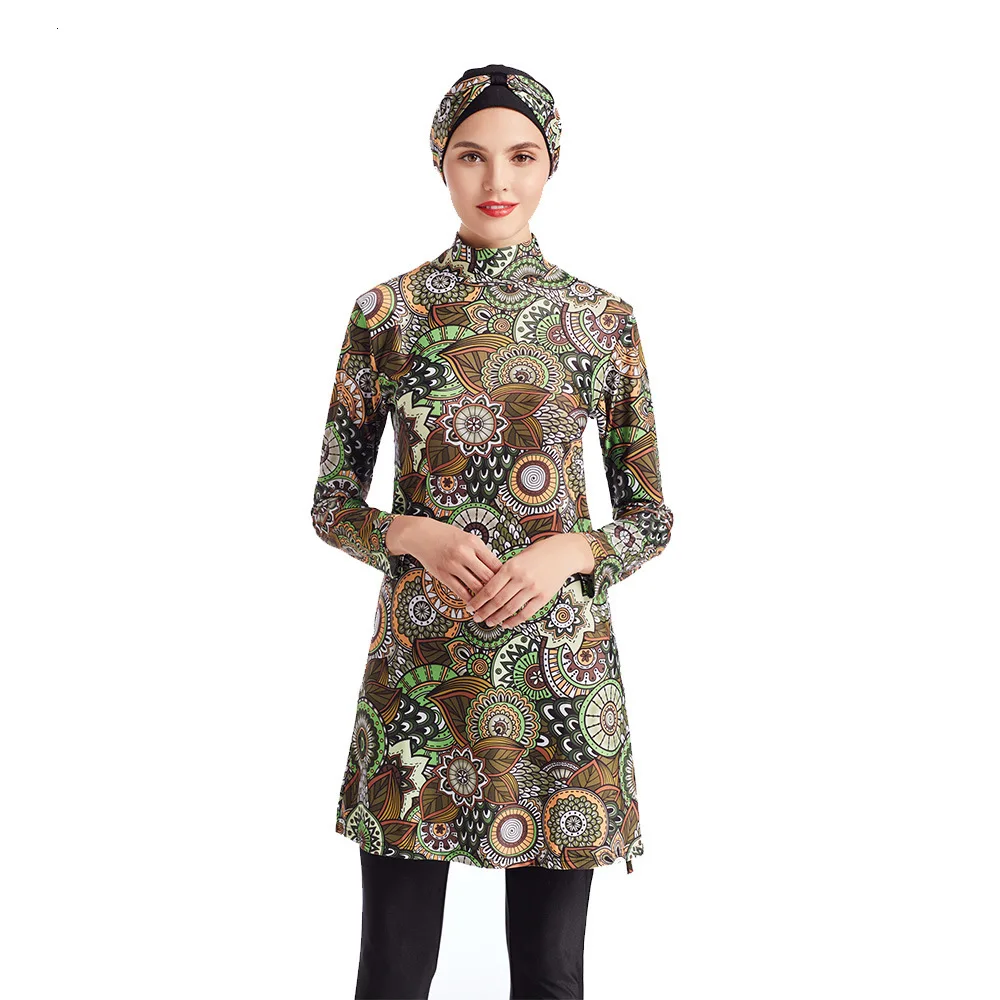 

Muslim Swimwear Women Long Sleeve Fashion Vintage Print Burkini Hijab Islamic Swimsuit Swimming Clothes Suit Set Lady Plus Size