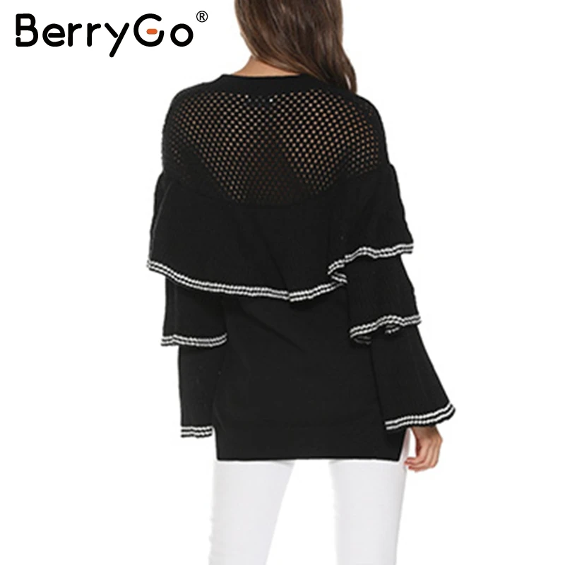 BerryGo Elegant hollow out women sweater Ruffles striped loose female pullover jumper Soft autumn winter ladies knitted sweaters | Женская