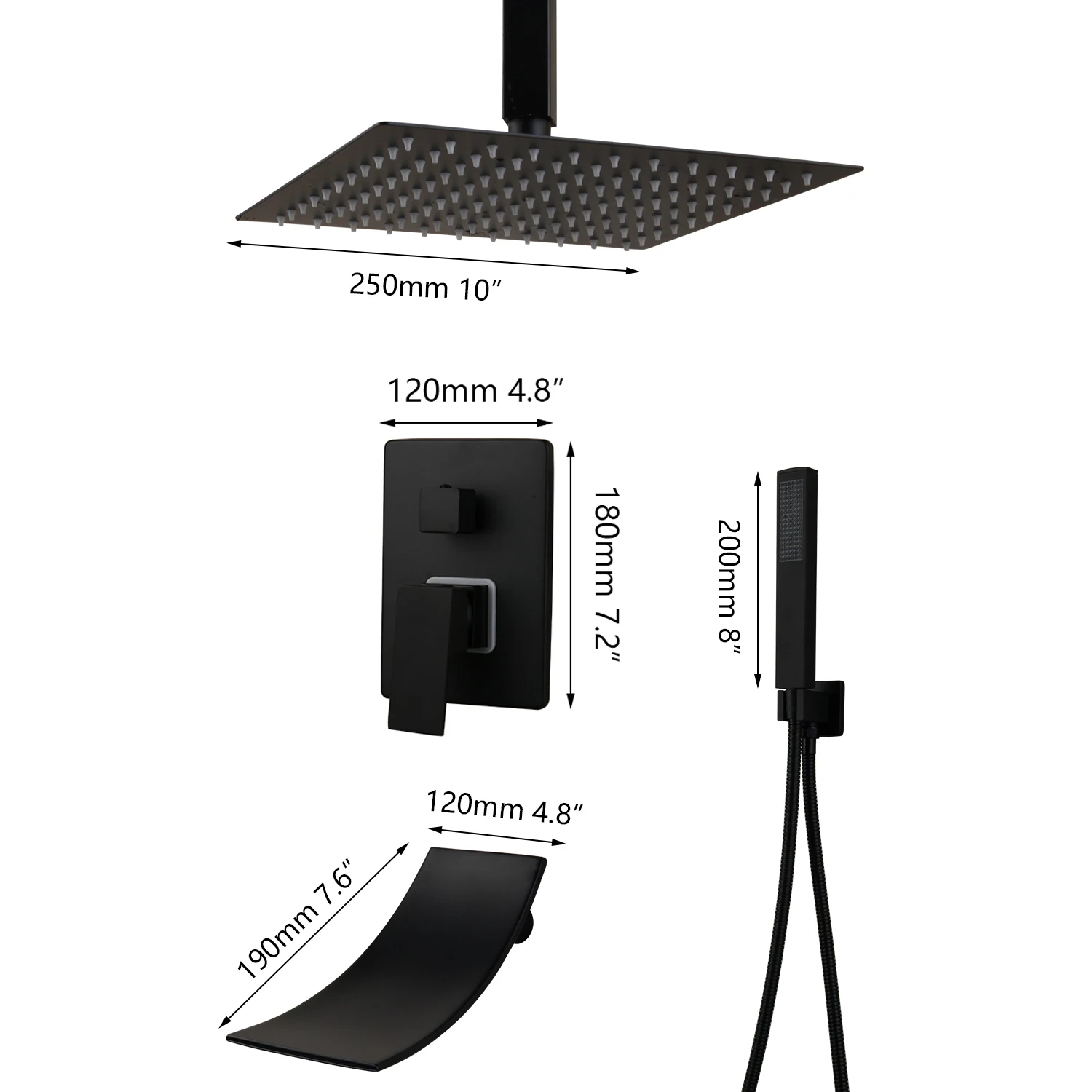 KEMAIDI Matte Black Bathroom Shower Faucet Rainfall Tub LED Bathtub Rain Square Head Waterfall Set | Обустройство дома