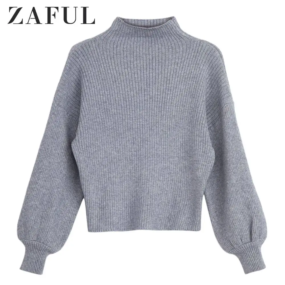 ZAFUL Ribbed Funnel Collar Sweater Bubble Sleeve Basic Slim Pullovers Autumn Winter Women Tops Sweet Daily Casual Wearing 2019 | Женская