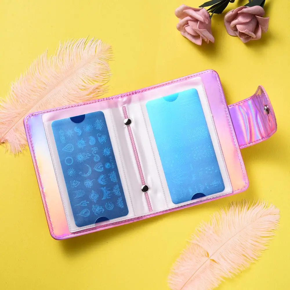 

20 Slots Shiny Laser Imitation Leather Rectangle DIY Nail Art Image Plate Storage Bags Stamping Template Card Holder Nail Tools