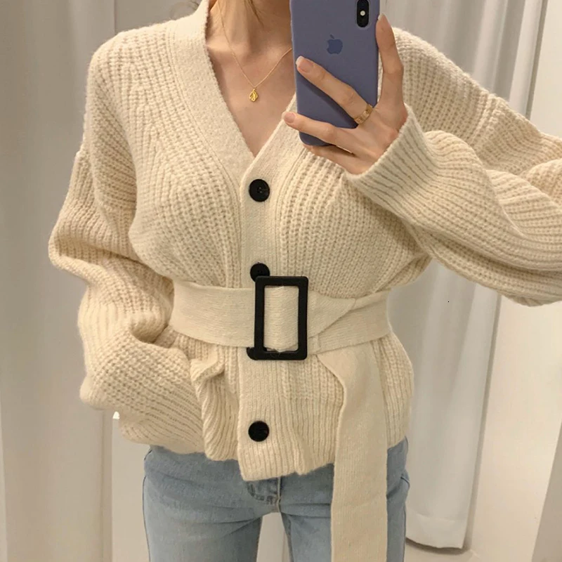 SHENGPALAE новинка 2019 модный осенний однобортный Кардиган с v образным вырезом