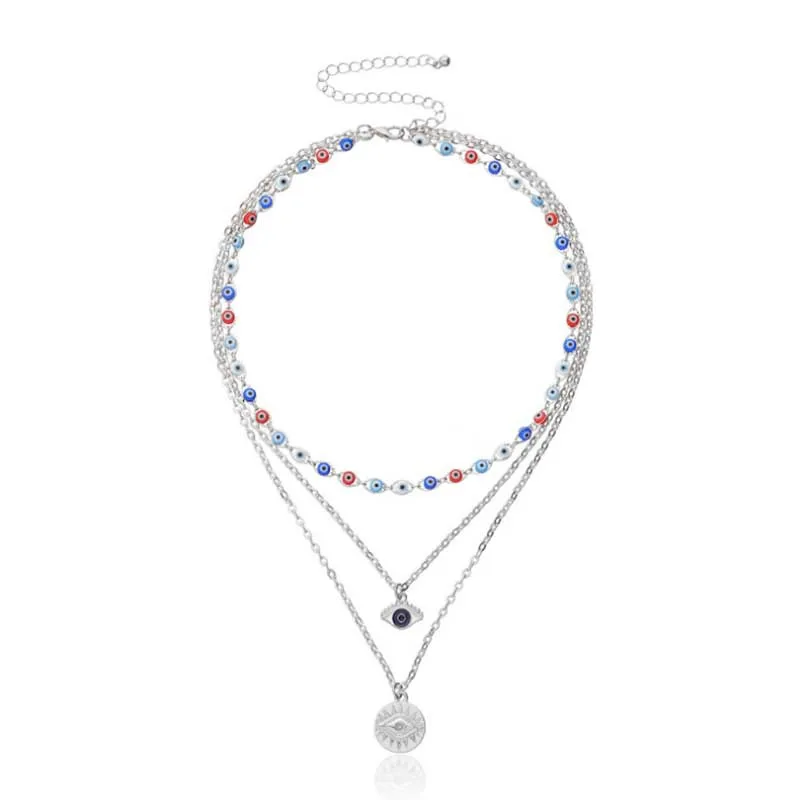 

Handmade Colorful Beads Necklace Fashion Eye Pendant Multi-layer Choker Chunky For Women Neck Accessories Jewelry Gift
