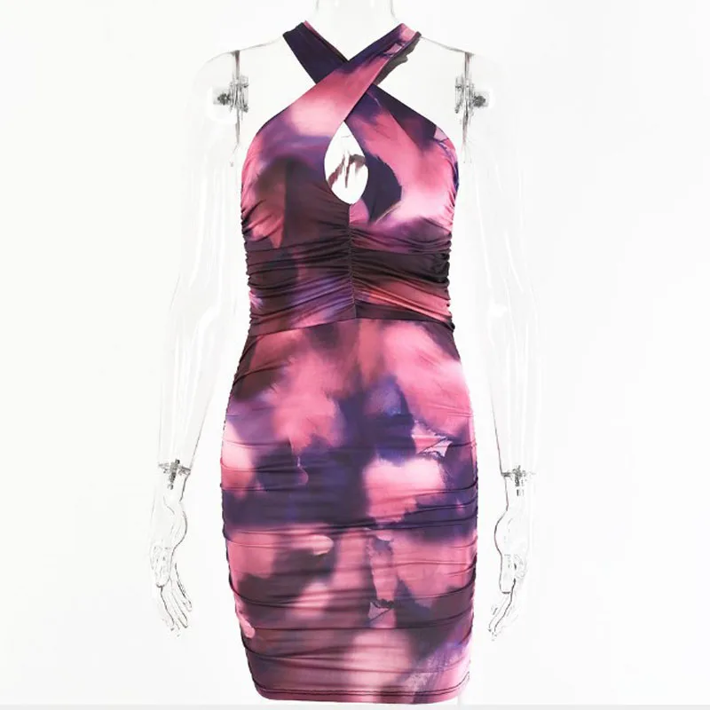 

Articat 2021 New Tie-dye Bodycon Dress for Women Party Night Vestidos Cross Lace Up Backless Mini Dress Ladies Elegant Partywear