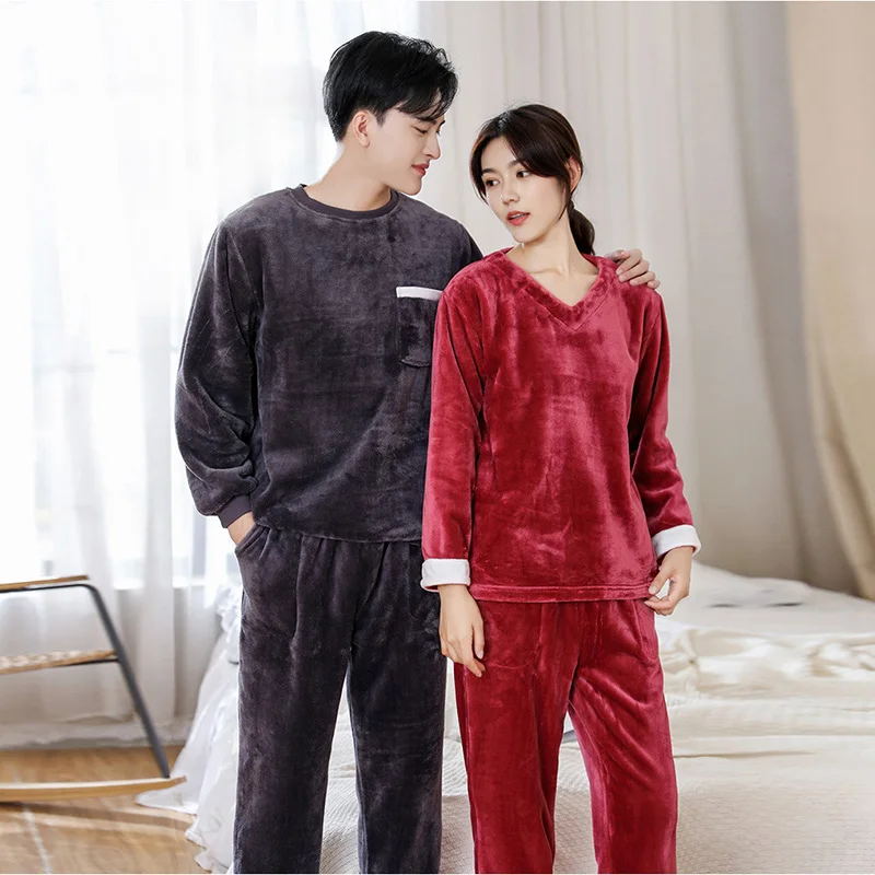 Autumn Winter Set Pajamas For Couples Plus Velvet O-Neck Men's Pajamas Long Sleeve Women's Sleepwear Pants Loose Casual Homewear