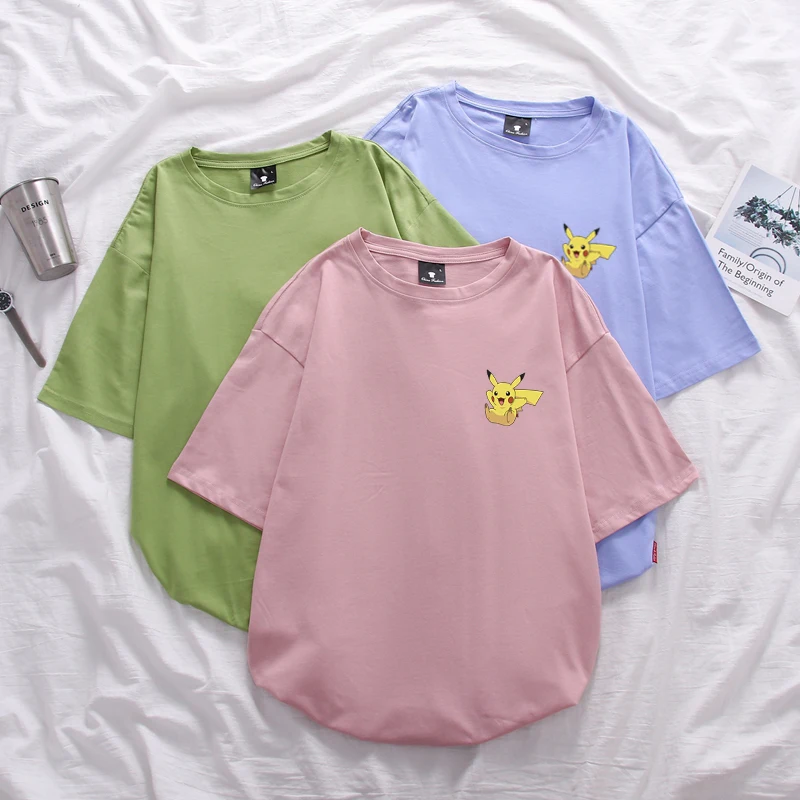 Женская летняя футболка с рукавом до локтя из 100% хлопка Пикачу пуловер в