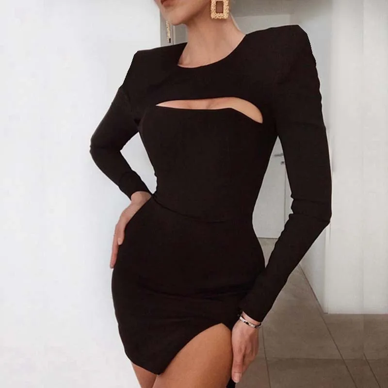 2020 женское черное открытое летнее платье с длинным рукавом и О образным вырезом